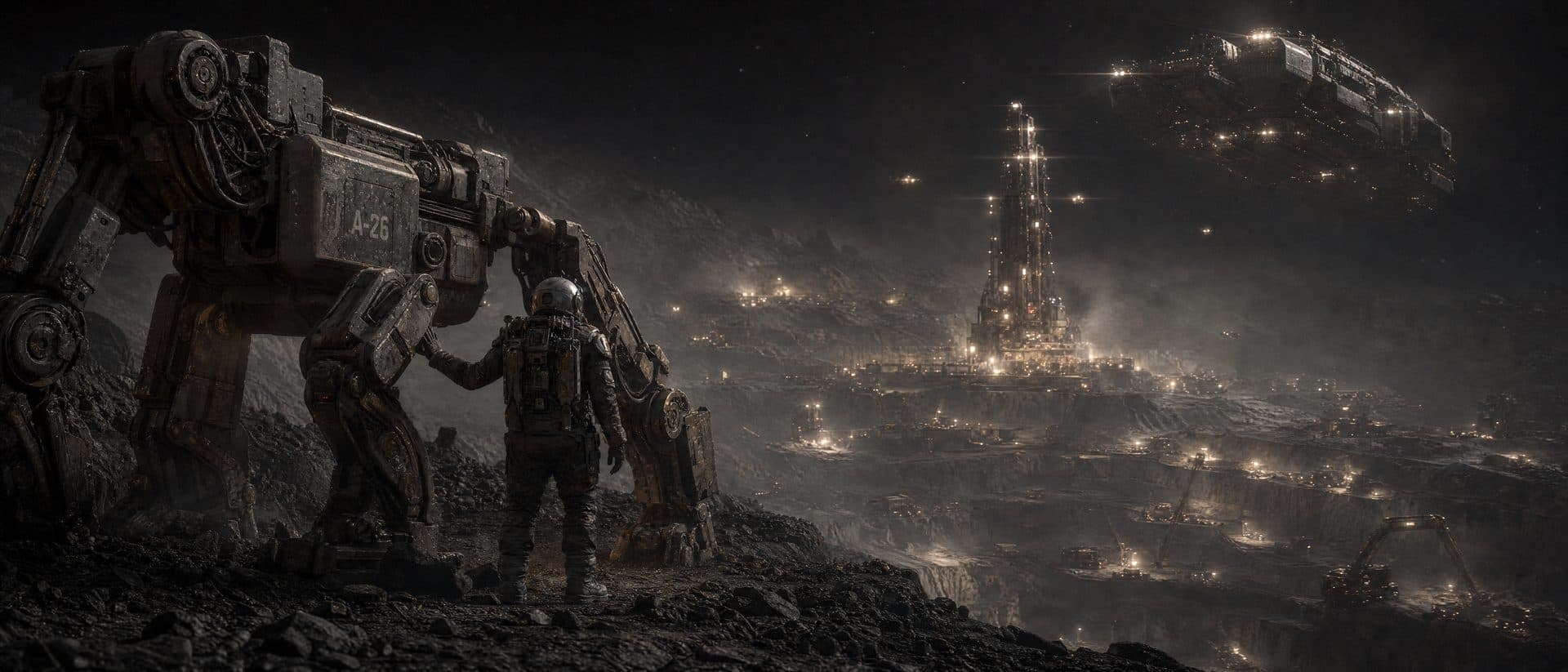 Quiet Sky still: an astronaut stands beside a mining walker overlooking a floodlit excavation colony