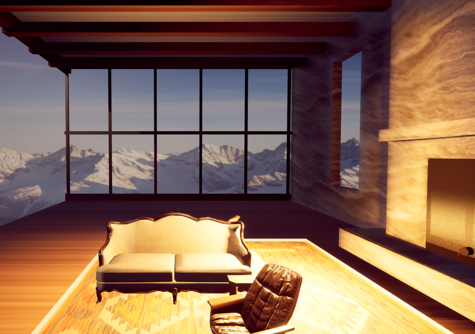 Sofa and leather chair before a floor-to-ceiling alpine window in the Gstaad Chalet, rendered in Unreal Engine 5