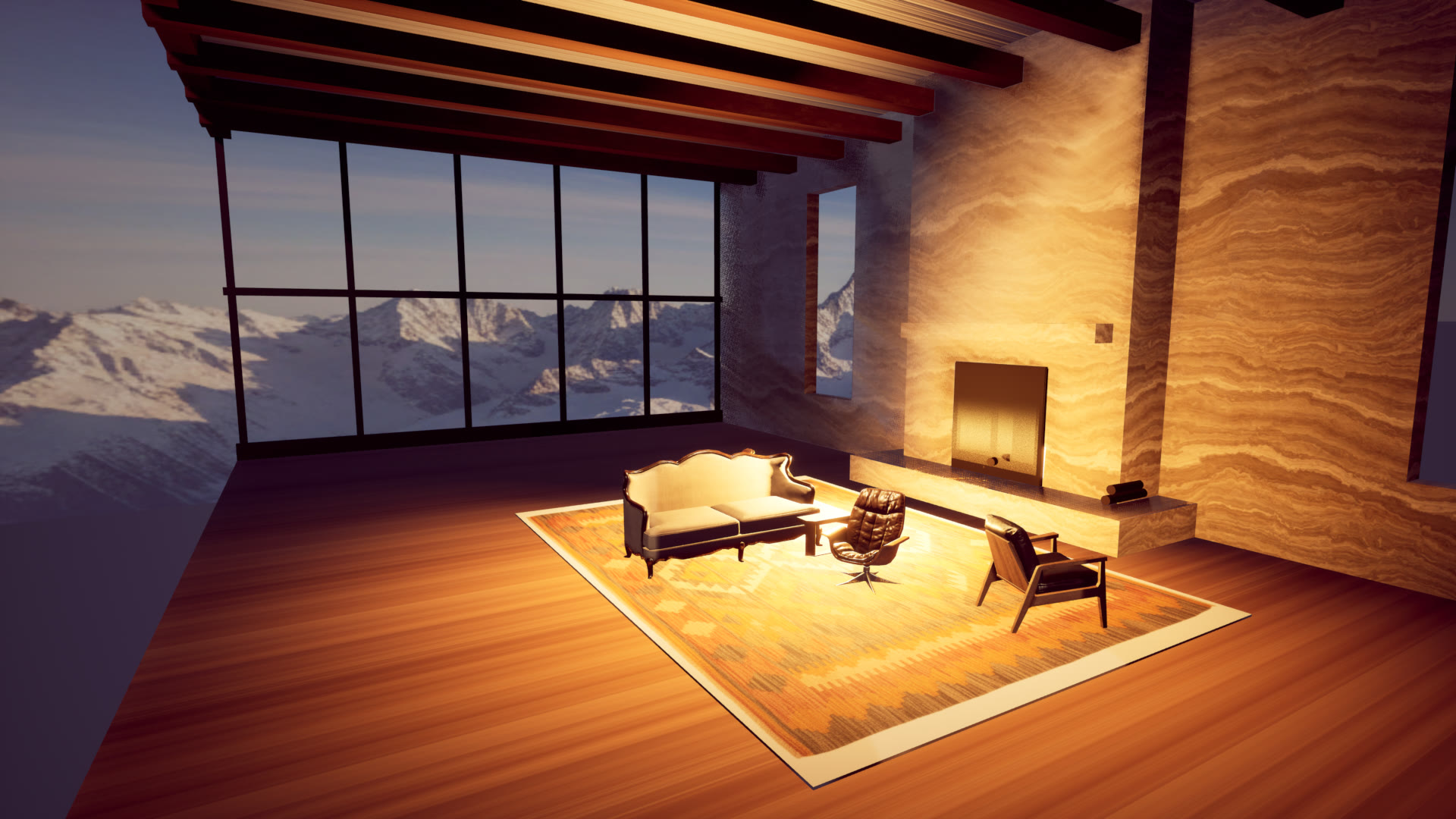 Great room of the Gstaad Chalet at dusk, firelight on a kilim rug and snow peaks through a glass wall, rendered in Unreal Engine 5